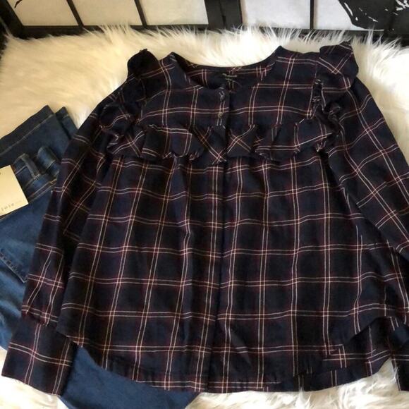 Madewell Berkshire Plaid Ruffle Yoke Top - Picture 2 of 8